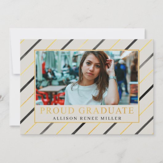 Black Gold Streifen Modernes Elegantes Foto Abschl Einladung (Vorderseite)