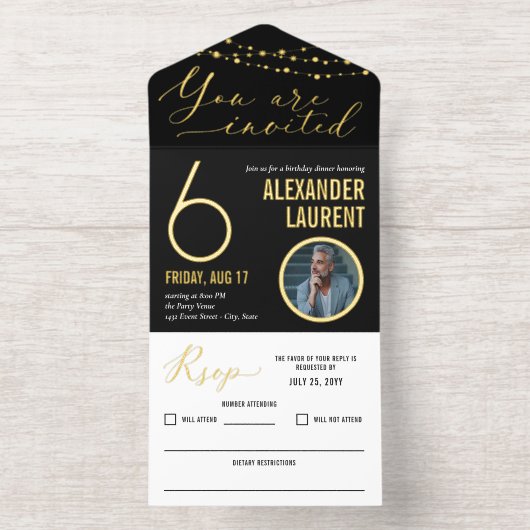 Black Gold String Lights Foto Meilenstein Geburtst All-in-One-Einladung (Innenseite)