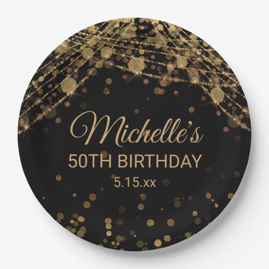 Black Gold String Lights Glitzer Erwachsene Geburt Pappteller (Vorderseite)