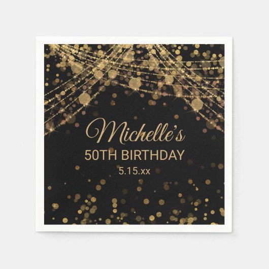 Black Gold String Lights Glitzer Erwachsene Geburt Serviette (Vorderseite)