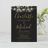 Black Gold String Lights Script Foto Wedding Einladung (Stehend Vorderseite)