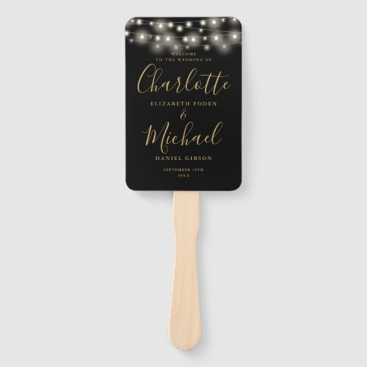 Black Gold String Lights Skript Wedding Programm Fächer (Vorderseite)