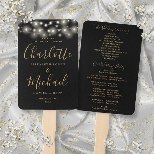 Black Gold String Lights Skript Wedding Programm Fächer