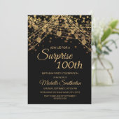 Black Gold String Lights Überraschung 100. Geburts Einladung (Stehend Vorderseite)