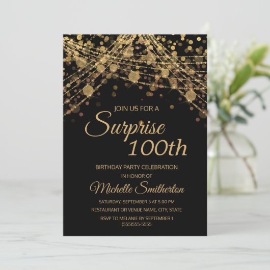 Black Gold String Lights Überraschung 100. Geburts Einladung (Stehend Vorderseite)