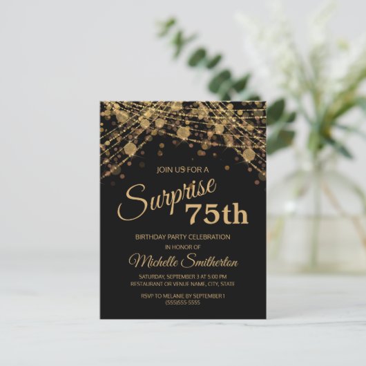 Black Gold String Lights Überraschung 75. Geburtst Postkarte (Stehend Vorderseite)