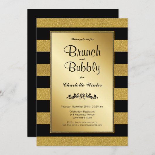 Black Gold Strip Brunch & Bubbly Einladung (Vorne/Hinten)
