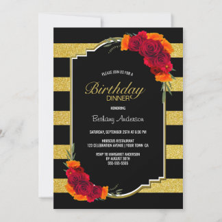 Black Gold Strip Floral Geburtstag Abendessen Einladung
