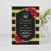 Black Gold Striped Floral Überraschung 90. Geburts Einladung (Stehend Vorderseite)