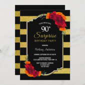 Black Gold Striped Floral Überraschung 90. Geburts Einladung (Vorne/Hinten)