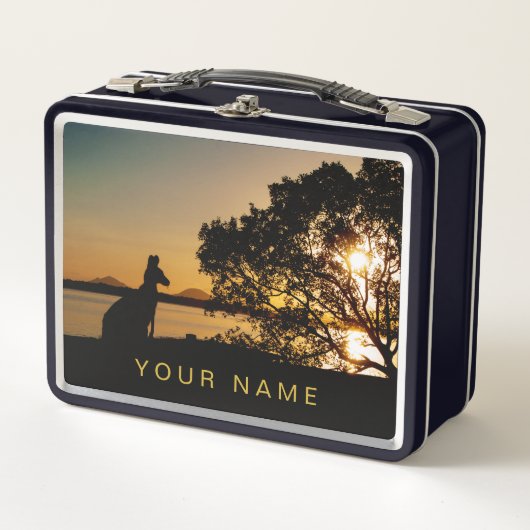 Black & Gold Sunset Kangaroo Tree Silhouette Metall Brotdose (Vorderseite)
