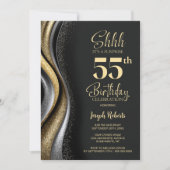 Black Gold Surprise 55th Birthday Party Einladung (Vorderseite)