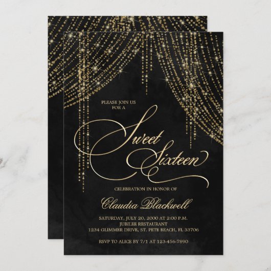 Black Gold Sweet 16 Einladung (Vorne/Hinten)