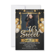 Black & Gold Sweet 16 Foto Glitzer Ballon