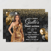 Black & Gold Sweet 16 Girl zum Geburtstag Einladun