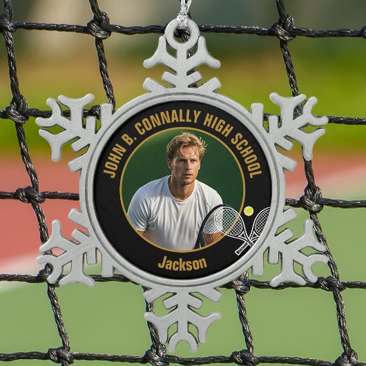 Black Gold Tennis Player Photo High School Schneeflocken Zinn-Ornament