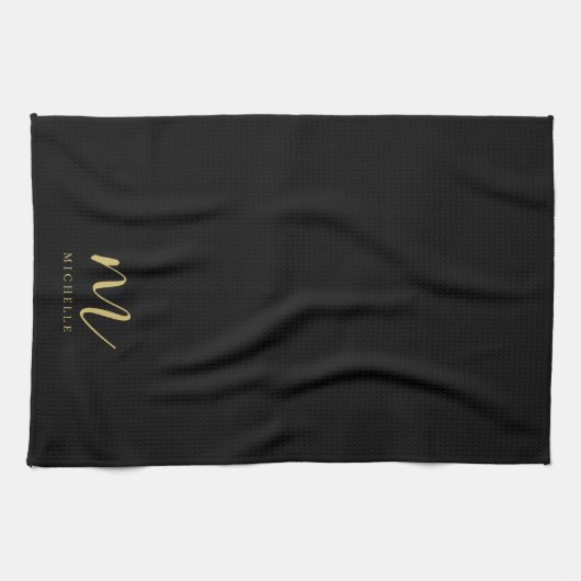Black & Gold Text Name Sleek Script Monogram Geschirrtuch (Horizontal)