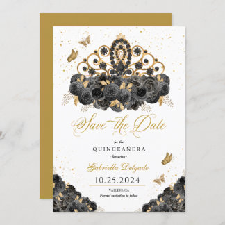 Black & Gold Tiara Save the Date Quinceañera Einladung