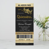 Black Gold Ticket Quinceanera Masquerade Party Einladung (Stehend Vorderseite)