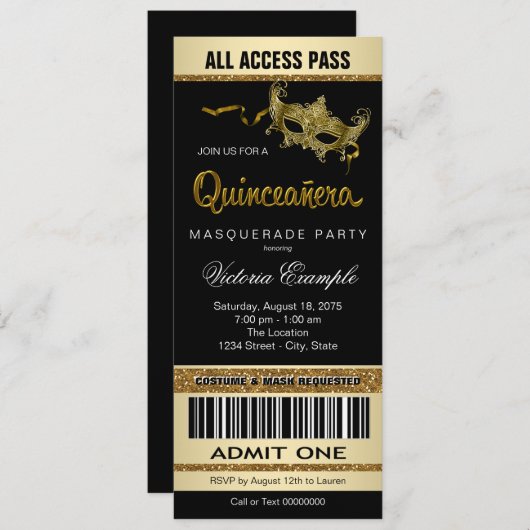 Black Gold Ticket Quinceanera Masquerade Party Einladung (Vorne/Hinten)