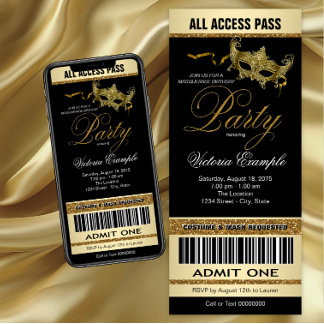 Black Gold Ticket Style Masquerade Party Einladung