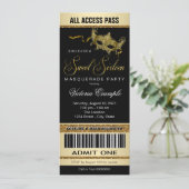 Black Gold Ticket Style Sweet 16 Masquerade Party Einladung (Stehend Vorderseite)