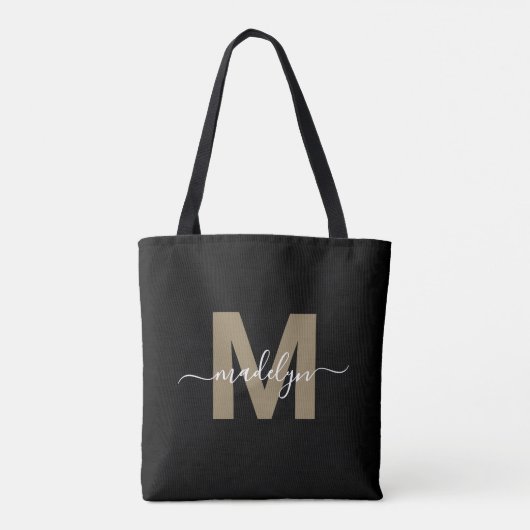 Black Gold Trendy Modern Script Name Monogram Tasche (Rückseite)