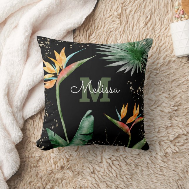 Black Gold Tropical Island Floral Monogram Script Kissen (Decke)