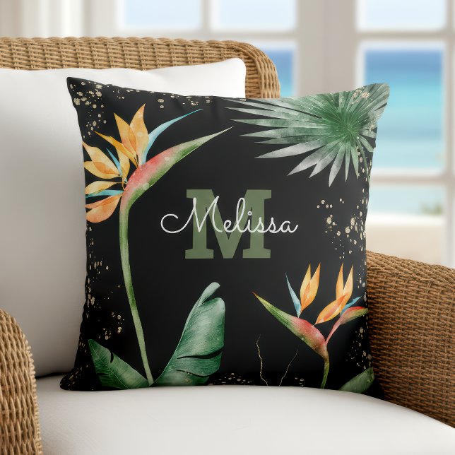 Black Gold Tropical Island Floral Monogram Script Kissen (Von Creator hochgeladen)