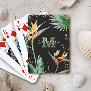 Black Gold Tropical Island Floral Monogram Script Spielkarten