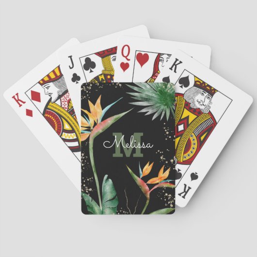 Black Gold Tropical Island Floral Monogram Script Spielkarten (Rückseite)