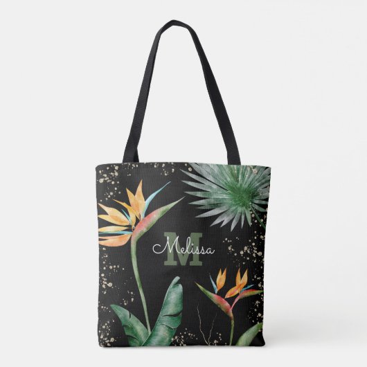 Black Gold Tropical Island Floral Monogram Script Tasche (Rückseite)