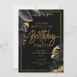 Black Gold Tropical Leaf Happy Birthday Party Einladung