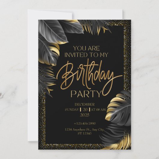 Black Gold Tropical Leaf Happy Birthday Party Einladung (Vorderseite)