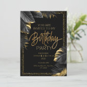 Black Gold Tropical Leaf Happy Birthday Party Einladung (Stehend Vorderseite)