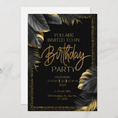 Black Gold Tropical Leaf Happy Birthday Party Einladung (Vorne/Hinten)