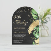 Black Gold Tropical Monstera Palm Arch Baby Dusche Einladung (Stehend Vorderseite)