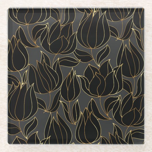 Black Gold Tulips: Luxuriöses Blumenmuster Glasuntersetzer (Vorderseite)