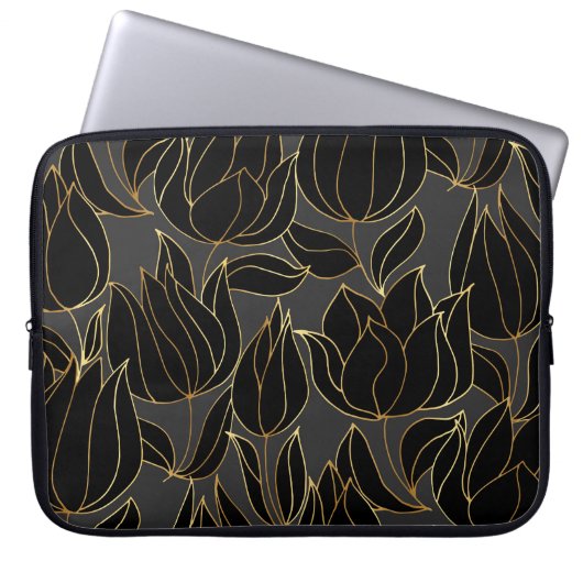 Black Gold Tulips: Luxuriöses Blumenmuster Laptopschutzhülle (Vorderseite)