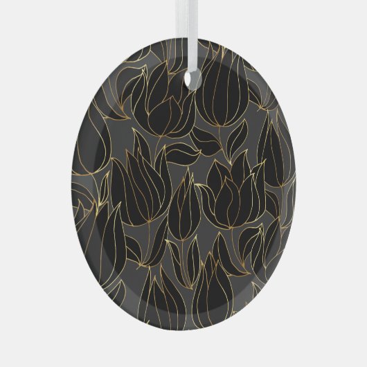 Black Gold Tulips: Luxuriöses Blumenmuster Ornament Aus Glas (Vorderseite Rechts)