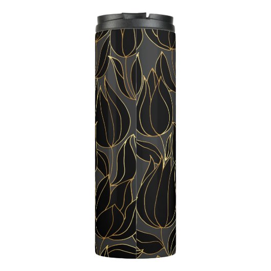 Black Gold Tulips: Luxuriöses Blumenmuster Thermosbecher (Rückseite)