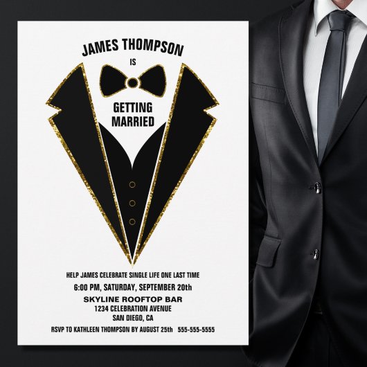 Black Gold Tuxedo Bachelor Party Einladung