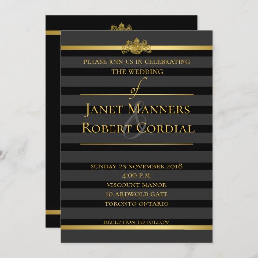 Black & Gold Tuxedo Gestreifter Wilhelm beim Hochz Einladung (Vorne/Hinten)
