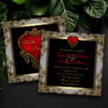 Black Gold und Red Heart Wedding Einladung<br><div class="desc">Reich rotes Satinherz mit verziert goldfarbenem,  elegantem Schwarz-Rot-Herz-Hochzeitsempfang.</div>
