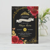 Black Gold und Rote Rosen Königliche Krone Quincea Einladung (Stehend Vorderseite)