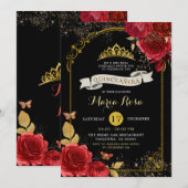 Black Gold und Rote Rosen Königliche Krone Quincea Einladung (Vorne/Hinten)