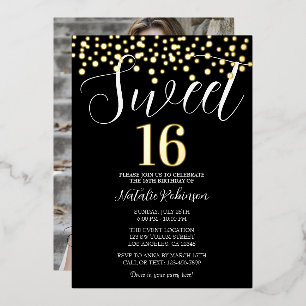Black Gold und White Sweet 16 Confetti mit Foto Folieneinladung