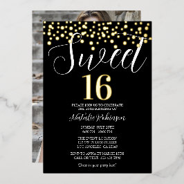 Black Gold und White Sweet 16 Confetti mit Foto Folieneinladung