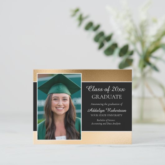 Black Gold Uni University Foto Abschluss Ankündigungspostkarte (Stehend Vorderseite)