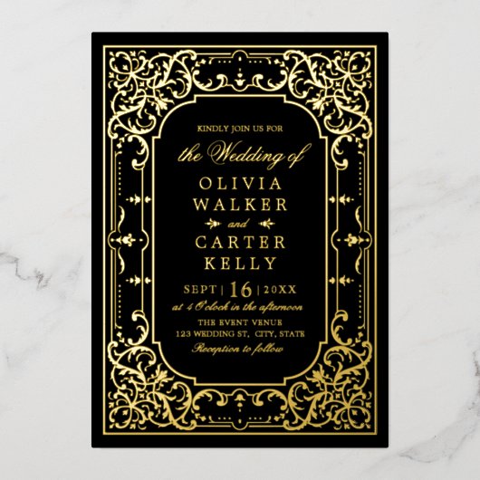 Black Gold verziert romantische Hochzeit Folieneinladung (Vorderseite)